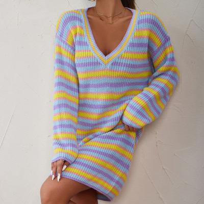 China Wholesale Anti-wrinkle 2021 New Arrivals Lady Casual Colorful Striped V-Neck Sweater Dress Customized Autumn Winter Dress for sale