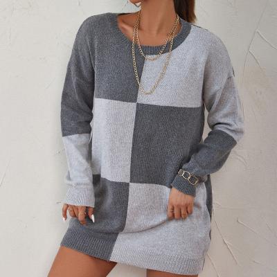 China 2021 Winter New Arrival Ladies Anti-wrinkle Temperament Sweater Dress Gray Chessboard Color Block Long Sheath Dress for sale