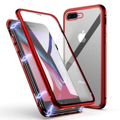 China Full Protection Magnetic Adsorption Case For iPhone 7/8 Plus Built-in Screen Protector Metal Case With Glass On The Back for sale