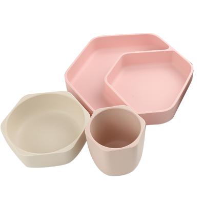 China BPA Free Silicone Tableware Suit For Baby Suction Dish Bowl Cup Food Grade Kids Learning Utensil 3PCS Set OEM & ODM for sale