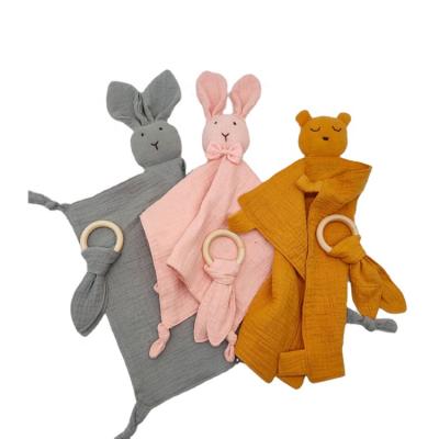 China Baby Animal Fashionable Rabbit Design Cotton Design Safety Blanket Animal 100% Comfortable Towel With Teetherf And Wood Ring Bibs for sale