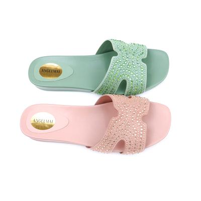 China CUSHIONING high quality custom outdoor soft bottom comfortable square head other sandals crystal diamond design flat slippers for ladies for sale