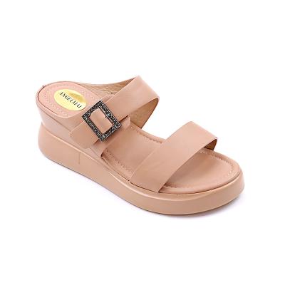 China Fashion trend wholesale pu leather fitted unique chunky ladies slippers comfortable women heels anti-slip buckles wedge heel sandals for women for sale