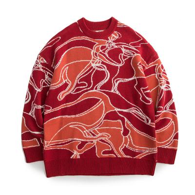 China Wholesale High Quality Retro Red Totem Pattern Anti-wrinkle Autumn Knit Sweater Fashion Men for sale