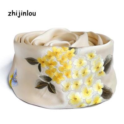 China Zhijinlou 100% Silk Satin Scarves Women Fashion Hand Embroidery Silk Custom Neck Long Smooth Scarf for sale