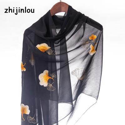 China Long Zhijinlou 2022 hot sale custom made women hand embroidery scarf silk satin scarf pure silk scarf for sale