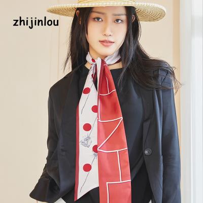 China Designer New Arrivals Red Twill Ribbon Long Scarf Styles Silk Bag Scarf Digital Print for sale