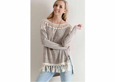 China Crochet Lace Womens Knitted Sweaters With Long Sleeve / Side Slit Fringe Trim for sale