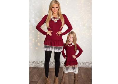 China Burgundy Mommy And Me Family Matching With Lace Hem And Long Sleeve for sale