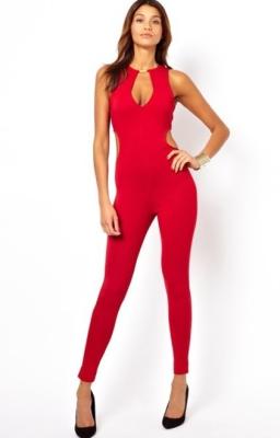 China Red / Blue Side Cut Out Sexy Women Jumpsuits Tight Junior Rompers for sale