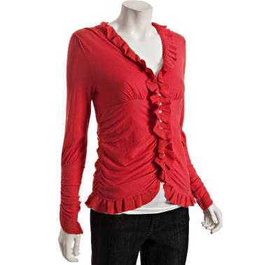 China Red Ruched Ruffle V Neck Womens Knitted Sweaters For Girls , Young Ladies for sale