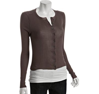 China Brown Cotton Crew Neck Ladies Cardigan Sweaters Ribbed With Buttons for sale