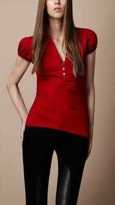 China Puff Sleeve V Neck Elegant Cotton T Shirts Women , Red / Black / White for sale