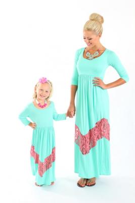 China Long Sleeve Family Matching Outfits Mommy And Daughter Dresses In Mint for sale