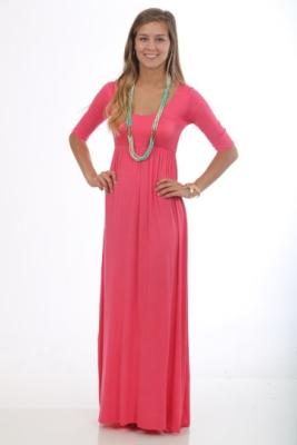 China Coral Half Sleeve Womens Maxi Dresses / Ladies Long Deep Neckline Dress for sale