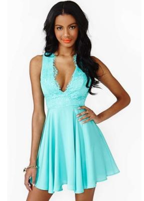 China Custom Mint Sexy Deep V Neck Mini Dress For Juniors With Lace Back for sale