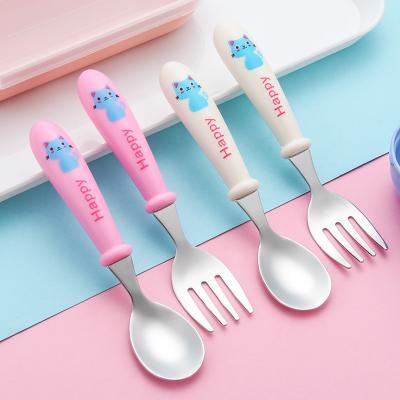 China CHINA OEM FACTORY 304 Stainless Steel Children Viable Cutlery Set Spoon Fork Box Cartoon Baby Supplement Portable Tableware Sets for sale