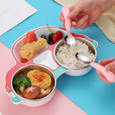 China FACTORY Viable OEM CHINA Car Dinner Dish Stainless Steel Spoon Fork Baby Divided Food Supplement Dismountable Tableware Set for sale