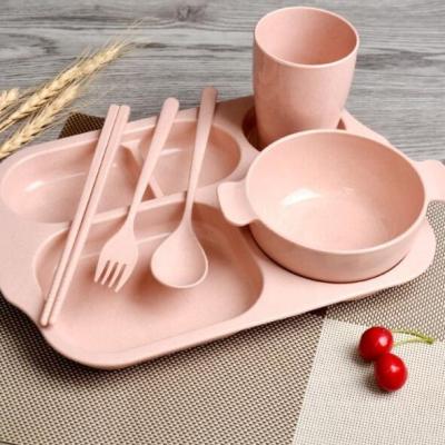 China CHINA OEM Factory Wholesale 6pcs/set Eco-Friendly Children's Tableware 4 Compartments Plateswheat Straw Dinner Plates Cutlery Set for sale