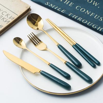 China WHOLESALE Nordic CHINA OEM FACTORY Style Stainless Steel Cutlery Set Viable Porcelain Handle Dark Green High Grade Wire Dinnerware Set for sale