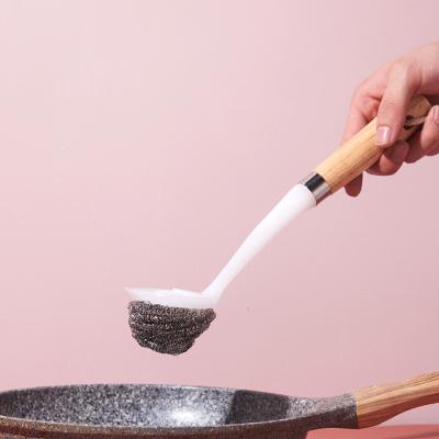 China Viable Wholesale Kitchen Cleaning Tools Long Handle Stainless Steel Wire Ball Cleaning Brush Dishwashing Pot Brush for sale