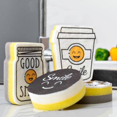 China 2021 New Design Fashion Smile Cheap Creative Funny Viable Pattern Foam Dish Pot Kitchen Sponge Cleaning Set for sale