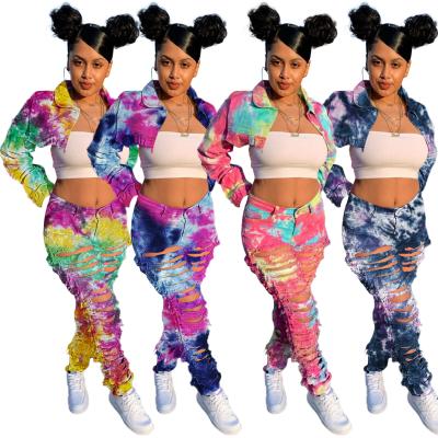 China Sustainable 2021 Women Fall Clothes Tie Dye 2 Pieces Set Women Jean Jackets Outfits Women Two Pieces Denim Wear for sale