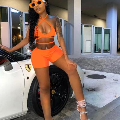 China 2021 summer women's QUICK DRY cross halter bikini set sporty beach vacation short 2 piece two piece sets for sale