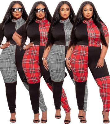 China Slim Fit Tone Patchwork Plus Size Jumpsuit 2021 Autumn Fashion Plaid Bodycon Sleeve Breathable Short Two Piece Romper Overalls For Women for sale