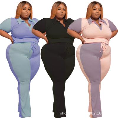 China Wholesale QUICK DRY Dropshipping 3XL plus size contrast color two piece pants set short sleeve shirt and wide leg pants sets for sale