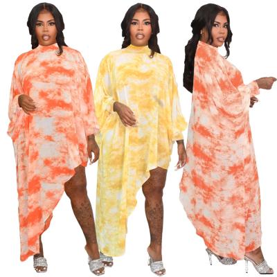 China Breathable Tie Dye Fashion Loose Asymmetrical Cape Sleeve Women Dress 2022 Autumn Long Dress Casual Dress for sale