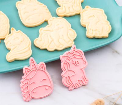 China Mini Multi Disposable 3D Unicorn Cookie Cutter Plastic Stamp Set for sale