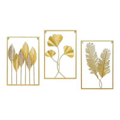 China Europe Gold metal wall art home decor art wall decor metal metal framed wall arts 3 Panels Leaf for sale