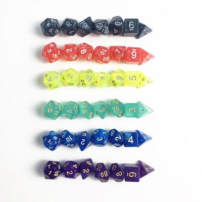 China 7 pcs per set custom clear TRPG acrylic 7pcs per set dies 20 sided starry pearl color polyhedral plastic dies DND d&d faces for sale