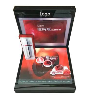 China 2021 Easy Installation Fashion Acrylic Counter Cylinder Make Up Display LED Skincare Retail Units Display Stand for sale