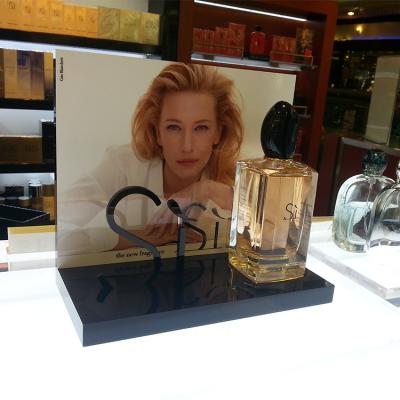 China Shops Counter Top Easy Installation Cylinder Perfume Bottle Model Acrylic Sign Display Cosmetic Advertising for sale