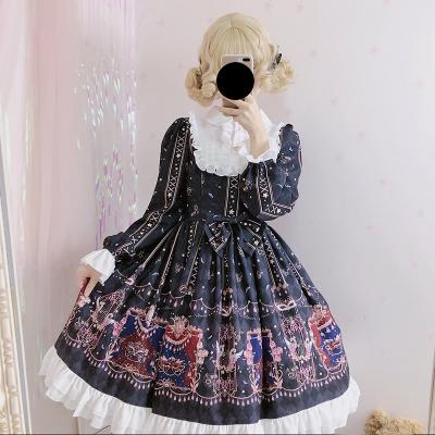 China Beautiful sweet lace autumn and winter fashion chiffon ruffled long sleeved high-waisted one-Word princess party lolita black dress for sale