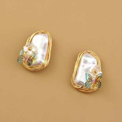 China 2022 TRENDY New Gold Filled Elegant Flower Green Resin Butterfly Pearl Earrings Studs Charms Women Jewelry for sale