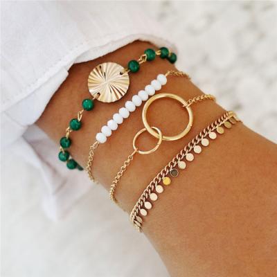 China Trendy Hot Multilayer Green Gold Plated Girls Ladies Boho Bracelet Set Fashion White Beads Jewelry Chain Bracelets 4Pcs/Set for sale