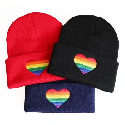 China JOINT Gay Lesbian Rainbow Heart Embroidered Festival Party LGBT Rainbow Knitted Winter Spring Knit Beanie Hat Christmas Gifts for sale