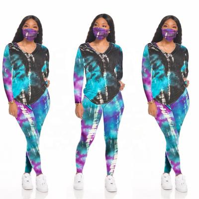 China Wholesale Fashionable Breathable Anti-Wrinkle Leggings Set Casual Autumn Bodycon Tie Dye V Neck Two Piece Pants Set Women for sale