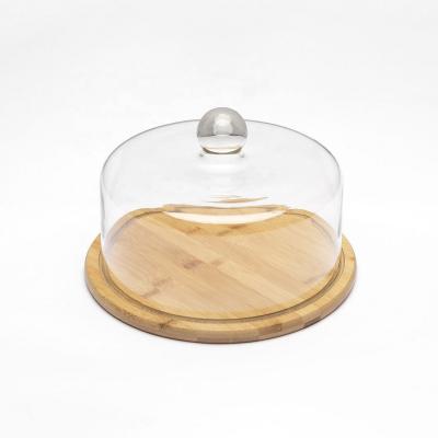 China Sustainable Nordic Bamboo Wooden Cake Tray With Glass Cover, Trial Bread And Dessert Display Fruit Tray for sale