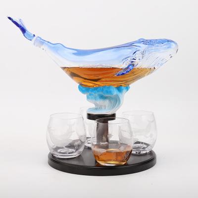 China Amazon antique newcomer for whiskey wine whale shape glass decanter with whiskey glass bottle with woodtray for sale