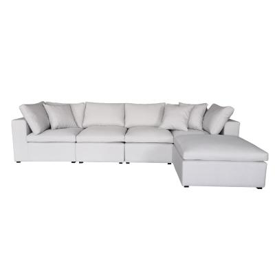 China Modern Living Room Furniture Off White Linen Fabric Upholstery Soft Feather Cushion Modular Sofa with Ottoman Stool for sale