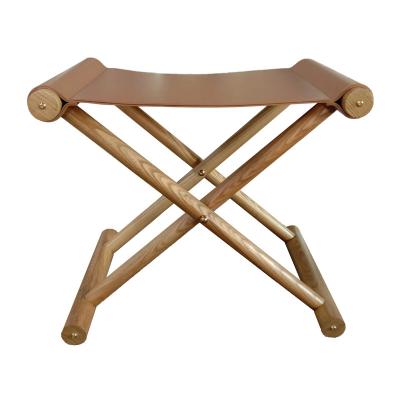 China Hot Sell Natural Color ASH Wood Household Stool Faux Saddle leather Folding Stool for sale