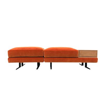 China Modern Luxury Italian Wooden Orange Velvet Fabric Metal Legs Storage Bench Ottoman with Wood Drawer for sale