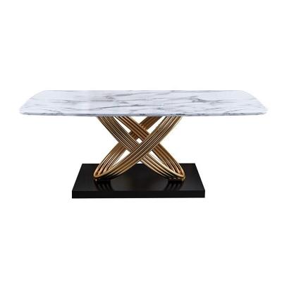 China Luxury Golden Stainless Steel Marble Dining Table Set Rectangle 6 Seater Dining Table for sale