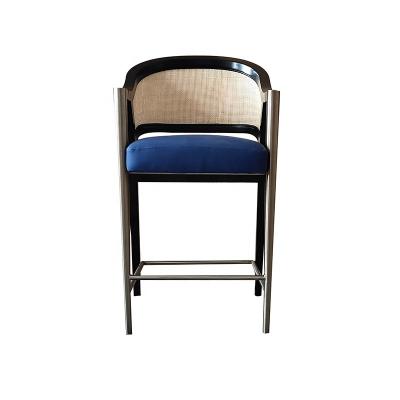 China Latest Arrival Kitchen Furniture Black Solid Wood Frame Stainless Golden Arm Blue PU Seat Rattan Back Bar Stool for sale