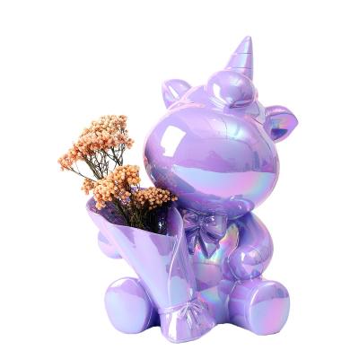 China Creative China Craft Unicorn Art Vase Decoration Living Room Table Porch TV Cabinet Home Flower Electroplating Decoration for sale