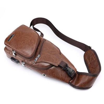 China Port Charging Earphone Hole/USB Casual OEM Factory USB Charging PU Leather Men Sling Chest Bag for sale